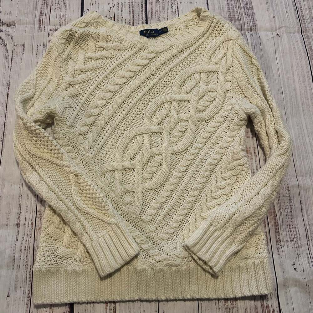 Polo Ralph Lauren Cream Chunky Mixed Cable Knit Preppy Fisherman Sweater-S